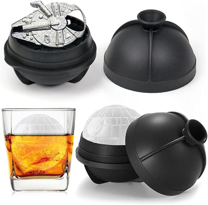 3D Death Star ice cubes chilling in a whiskey glass next to a Millennium Falcon bottle opener—perfect gear for the galaxy’s classiest rebels.