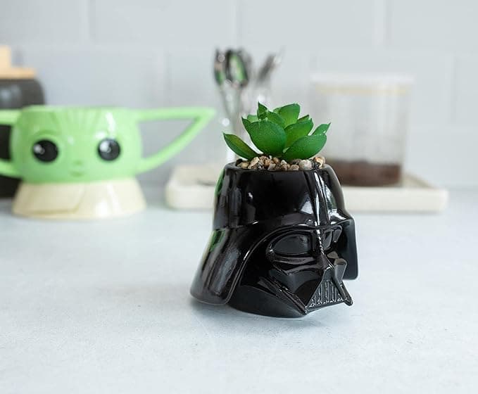 Small Darth Vader helmet planter with faux succulent sprouting from the top, sitting on a desk like the galaxy’s cutest dark side houseplant.