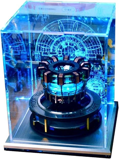 Levitating MK1 Arc Reactor replica with LED glow and holographic shield, perfect for techy desk decor