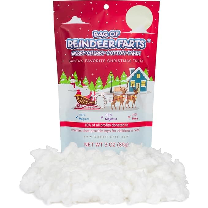 Funny bag of Reindeer Farts cotton candy in merry cherry flavor for Christmas gag gifts