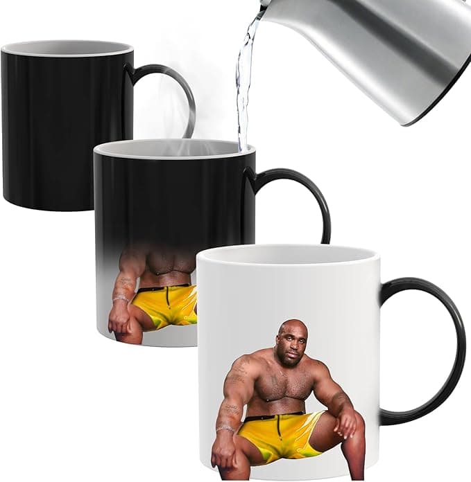 Heat-changing mug that reveals a prank image when hot liquid is poured, perfect funny gift for mom or wife