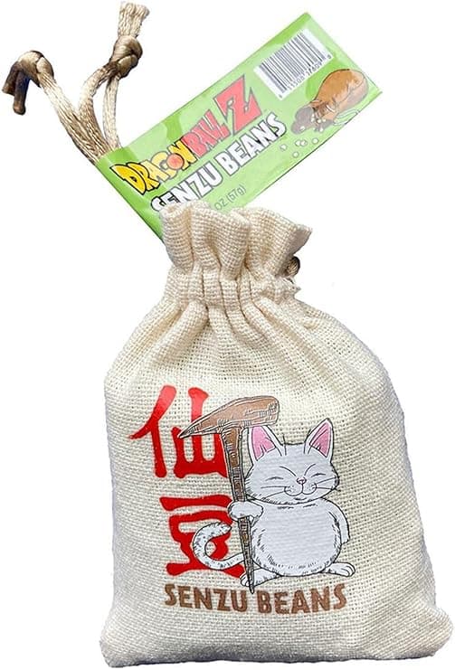 Green sour apple Senzu Beans candy with Korin drawstring bag, styled like a Dragonball Z collectible treat for anime fans and gag gift lovers.