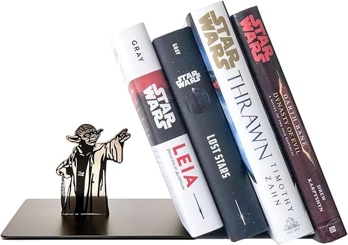 Metal bookend featuring Yoda using the Force to hold up books, with double-sided printing and Jedi energy radiating from your shelf.