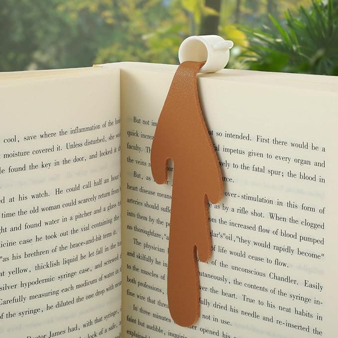 Funny spilled coffee cup bookmark for book and coffee lovers, quirky reading accessory