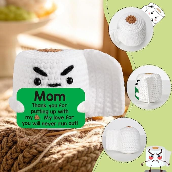 Funny handmade crochet gift with heartfelt thank-you message, perfect for mom’s birthday or Mother’s Day