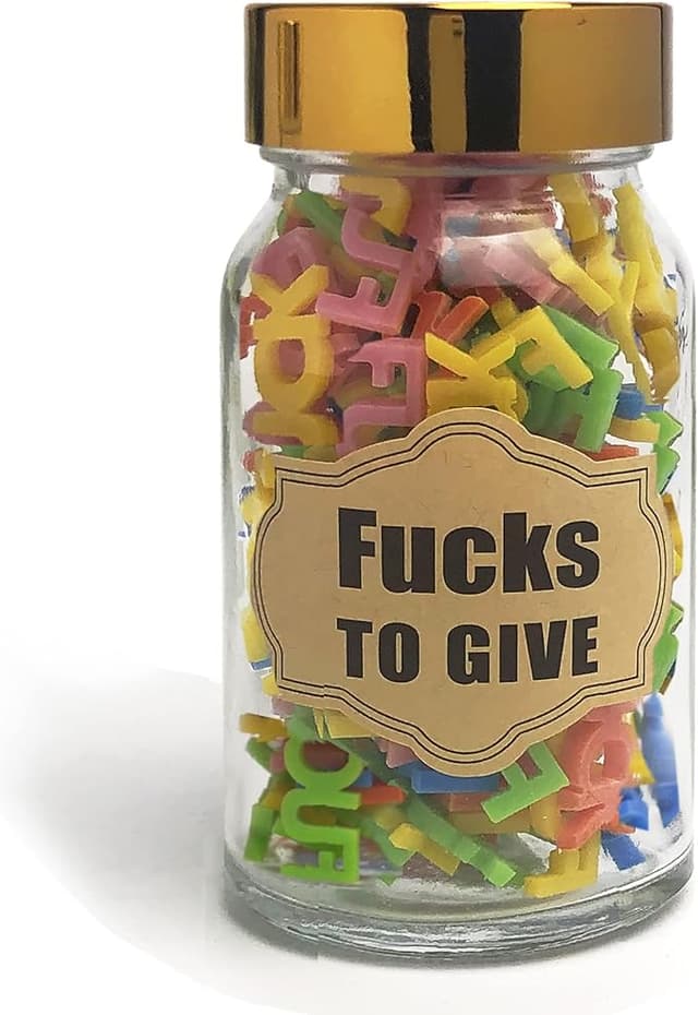 Clear jar filled with colorful acrylic letters spelling “F*ck,” a funny gift for anyone low on patience