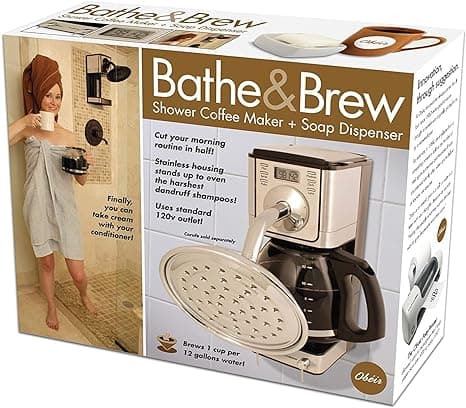 Fake gift box labeled Bathe & Brew, a pretend shower coffee maker for prank gift wrapping