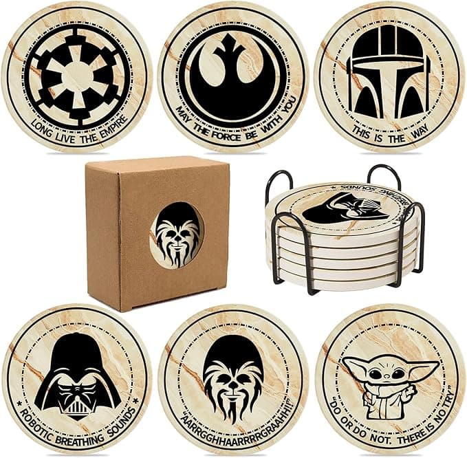Set of 6 round Star Wars-themed coasters with funny quotes, displayed in a holder on a coffee table next to a steaming mug and nerdy vibes.