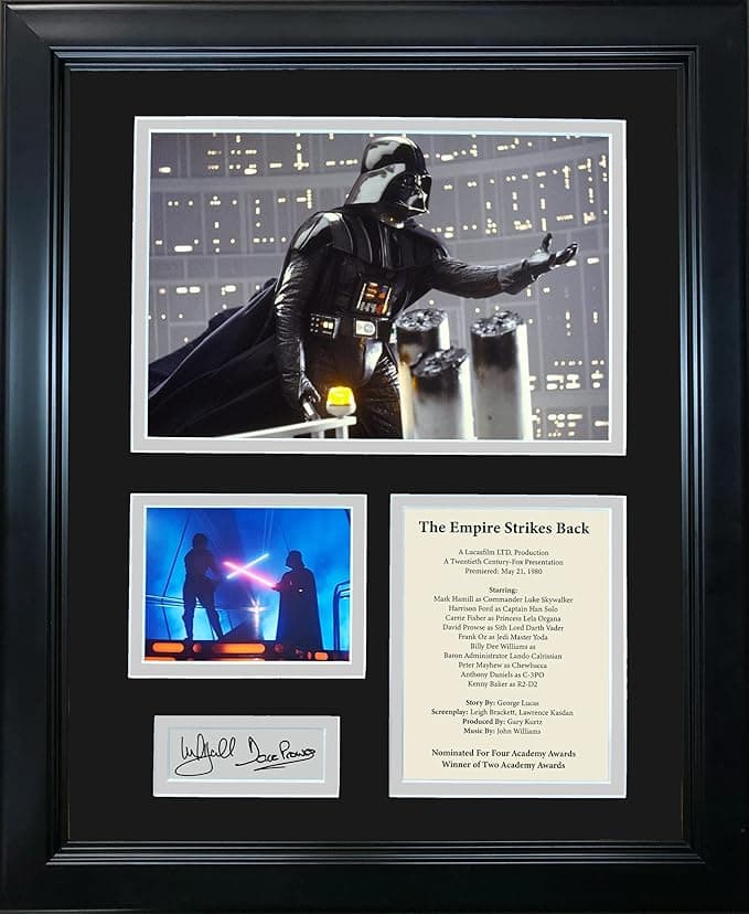 Framed 11x14 photo collage from The Empire Strikes Back with laser-engraved facsimile signatures of David Prowse and Mark Hamill—ultimate Star Wars wall candy.