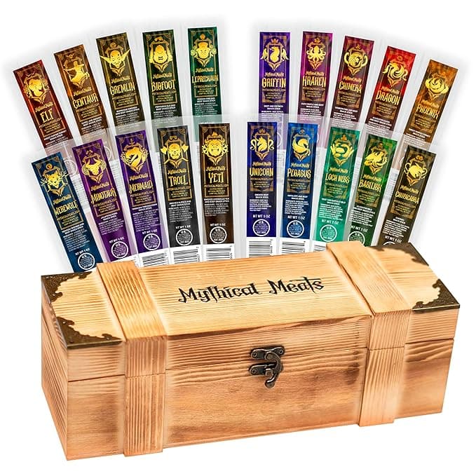 Mythical Meats snack crate with exotic jerky sticks featuring creatures like dragon, unicorn, and Bigfoot