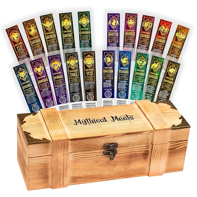 Mythical Meats snack crate with exotic jerky sticks featuring creatures like dragon, unicorn, and Bigfoot