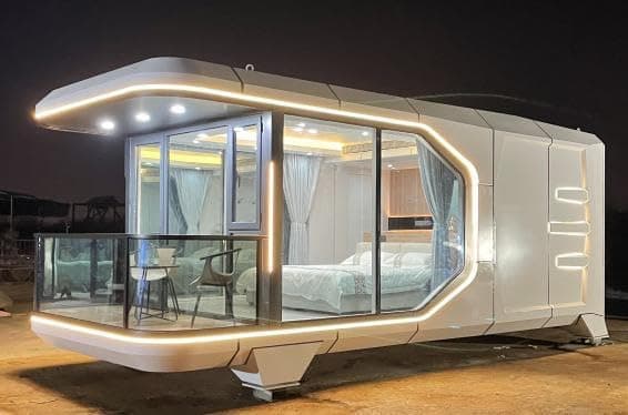 White luxury tiny house with full bathroom, kitchen, and AC—perfect portable home for camping, glamping, or off-grid living dreams.