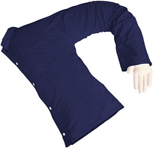 Dark blue boyfriend body pillow with arm—perfect cuddle buddy for naps, giggles, and gloriously single sleepers.