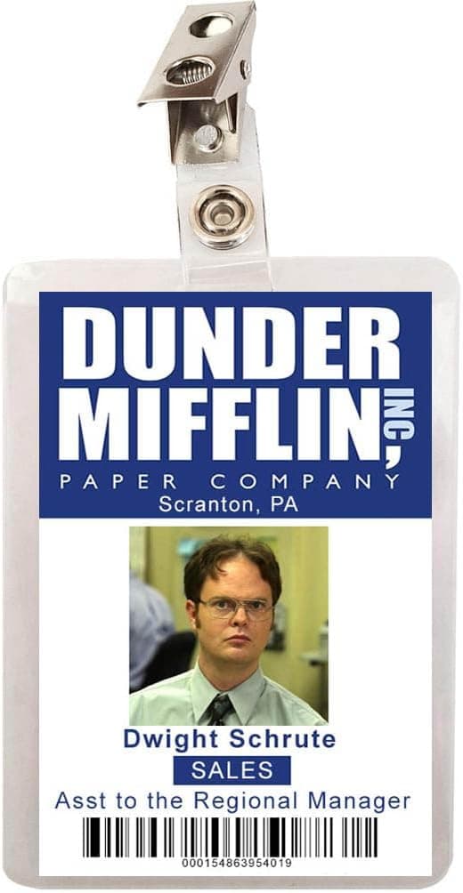 Funny Dwight Schrute Dunder Mifflin ID badge cosplay prop for The Office superfans and quirky coworkers.