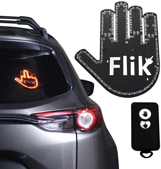 FLIK middle finger car light sign glowing in rear window—funny driving accessory for people with sass and zero patience.