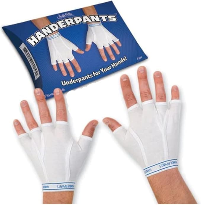 A pair of novelty fingerless gloves styled like men's briefs, worn on a plastic hand model.