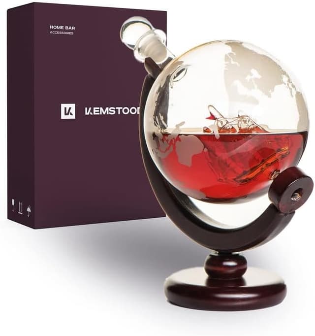 Globe Whiskey Decanter Set – Etched World Map Glass Decanter with Gift Box – Elegant Bar Gift for Men