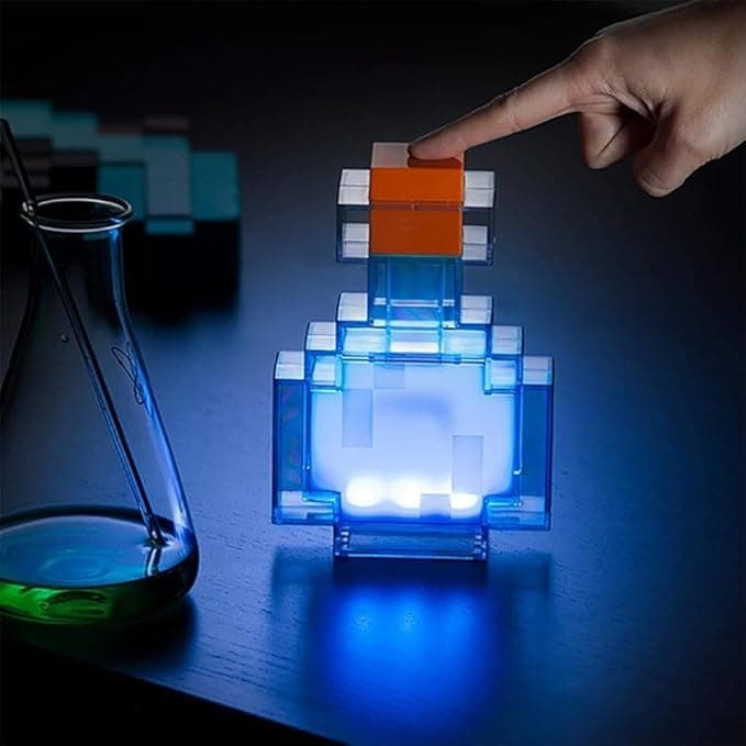Minecraft potion bottle lamp glowing in rainbow colors like gamer alchemy gone wild