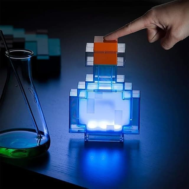 Minecraft potion bottle lamp glowing in rainbow colors like gamer alchemy gone wild