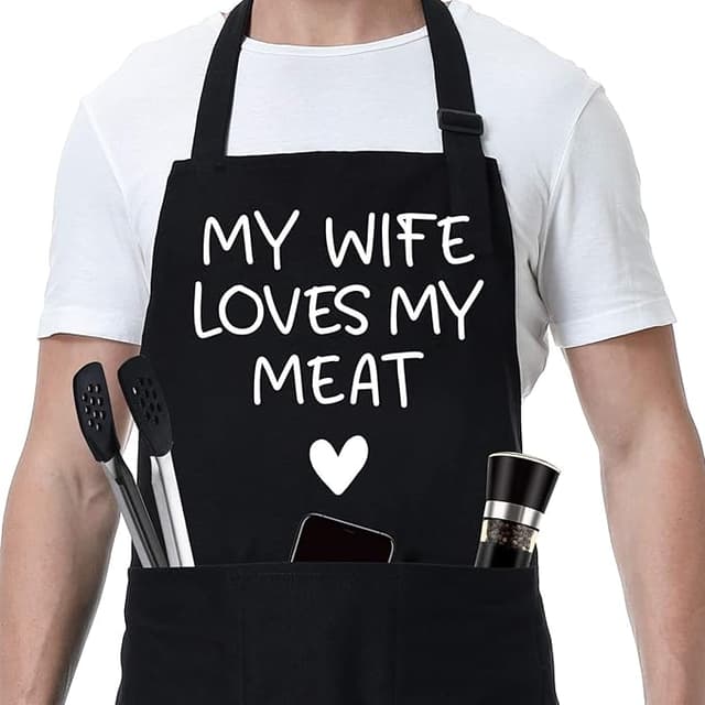 Black apron with “My Wife Loves My Meat” printed — funny grilling gift for husbands, dads, or backyard BBQ masters
