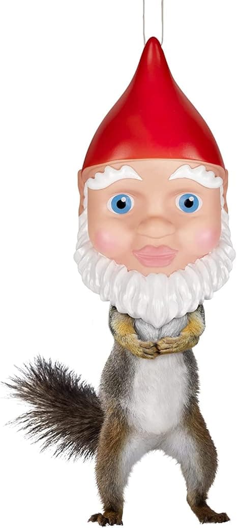 Squirrel feeder shaped like a gnome head, turning wild squirrels into hilarious garden gnomes