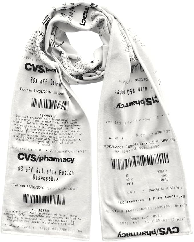 Double-sided fleece scarf printed like a CVS receipt—funny, oversized, and perfect for chilly weather and checkout chaos.