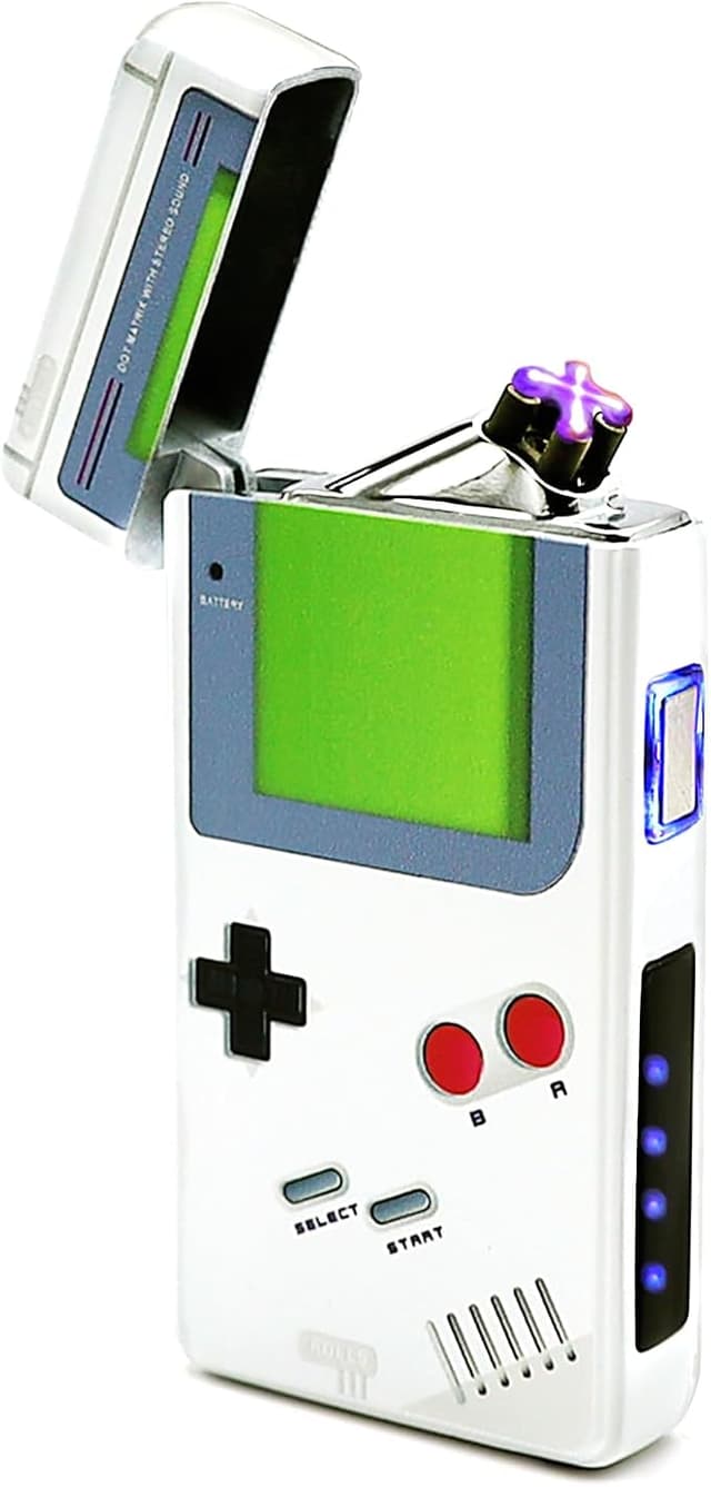 Rolls electric plasma lighter in retro gamer style—a flameless, rechargeable lighter perfect for candles and pixel-loving pyros.