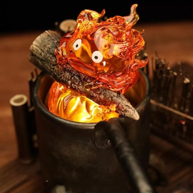 Calcifer night light lamp with flickering flame effect—adorable fiery decor for fans of Howl’s Moving Castle and Studio Ghibli magic.