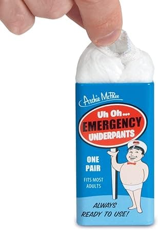 A novelty emergency underpants package featuring a single pair of disposable underwear.