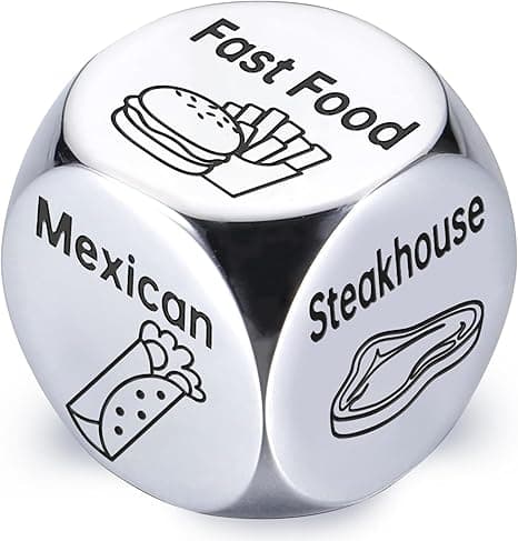 Steel food decision dice with meal options — funny gift for indecisive couples, dads, or anyone who’s always “down for whatever”