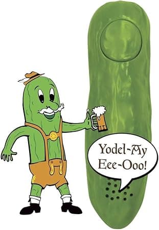 A plastic yodeling pickle novelty toy standing upright, known for playing bizarre yodeling sounds.
