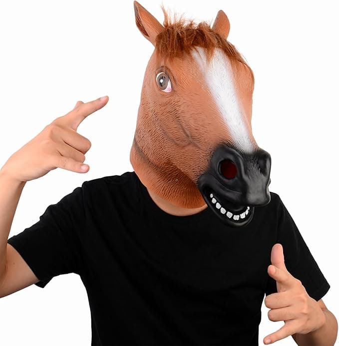 A realistic rubber horse head mask with detailed eyes, ears, and open mouth.