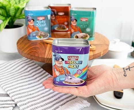Toynk's Canned Unicorn Meat plush toy in a metal tin, a hilarious gag gift featuring faux unicorn chunks