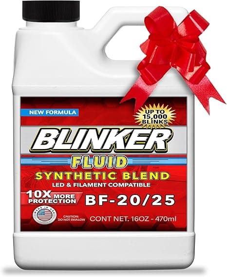 Funny novelty bottle labeled "Blinker Fluid" — perfect gag gift for car guys, mechanics, or white elephant parties