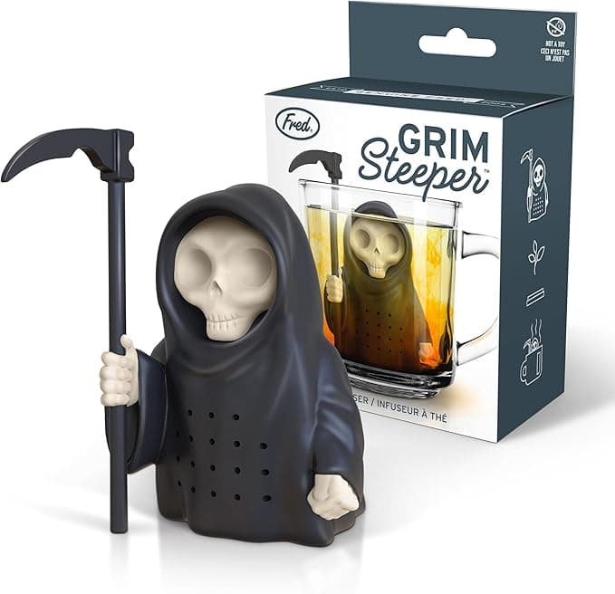 Grim Steeper silicone tea infuser shaped like the Grim Reaper—perfect spooky gift for tea addicts and pun enthusiasts.