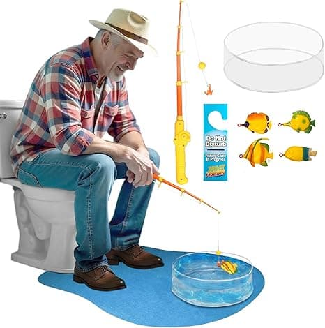 Toilet fishing game with rod, water tank, blue mat, and door sign — hilarious bathroom toy for kids and adults