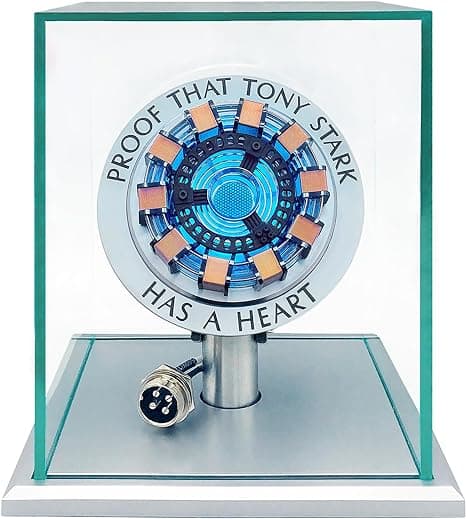 Glowing arc reactor replica in a clear display case with “I love you 3000” charm—ideal for Marvel lovers and desktop drama.