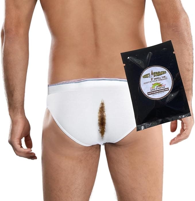 Men’s white briefs with fake stains and a rip-n-sniff scent strip—disgusting and hilarious gag gift for birthdays or white elephant parties.