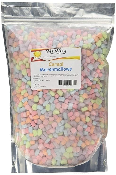 1 lb bag of colorful dehydrated cereal marshmallows, perfect for cereal, cocoa, or whimsical snacking
