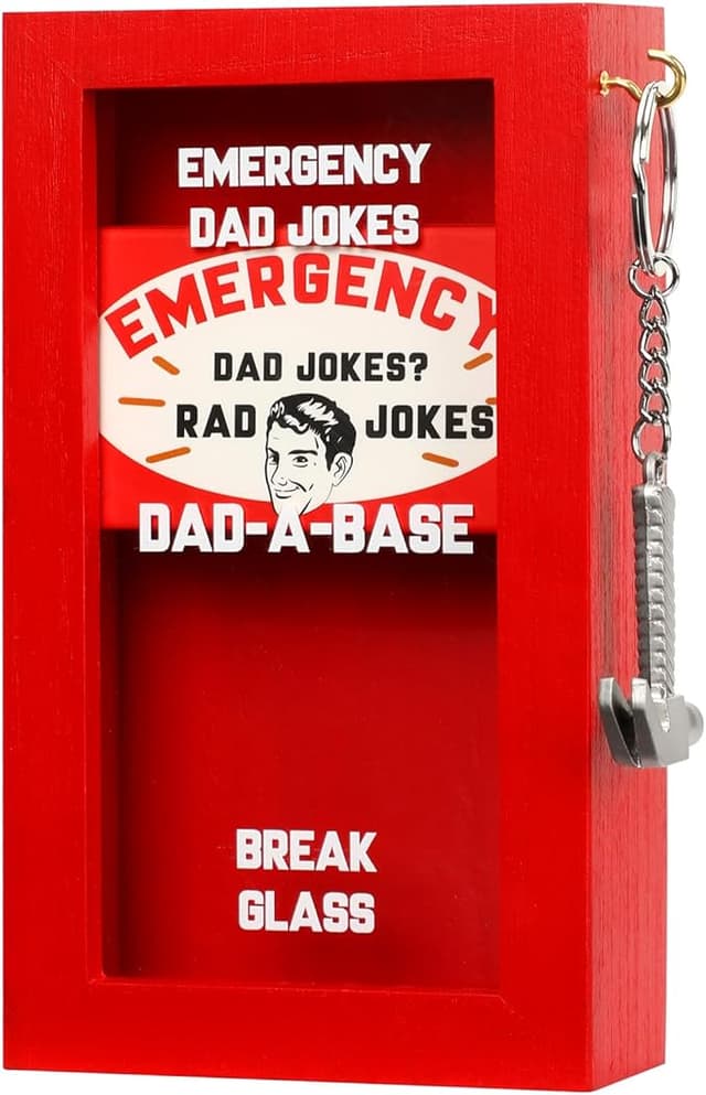 Red emergency dad joke box with “Break Glass” label and mini hammer — funny gift packed with 60 punny cards
