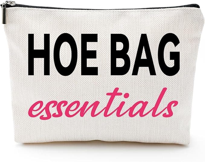 “Hoe Bag Essentials” cosmetic pouch—funny travel makeup bag for girls, party weekends, and chaos-friendly gift giving.