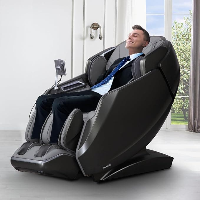 Revive 4D black massage chair with fingerprint sensor and full-body air massage—luxury gadget for wellness nerds and tense humans.
