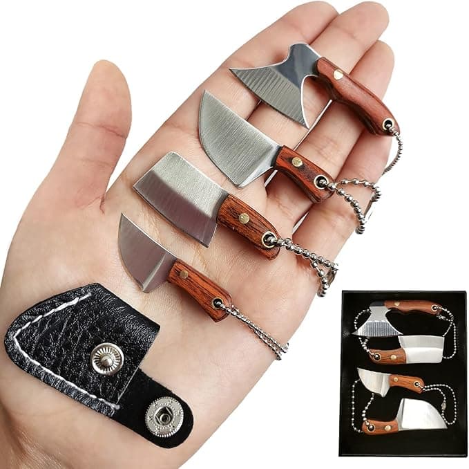 Miniature knife set with wood handles, sheaths, and gift box—ideal for EDC collectors, fruit slicers, or chaotic keychain energy.