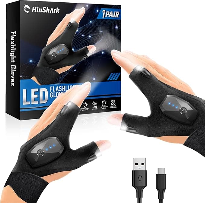 LED flashlight gloves lighting up fingertips—perfect for dads, handymen, campers, or anyone who’s lost a bolt in the dark.