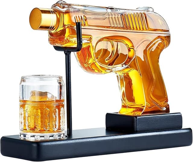 Gun-shaped whiskey decanter set with shot glasses — funny and bold gift for men, dads, or military-themed bars