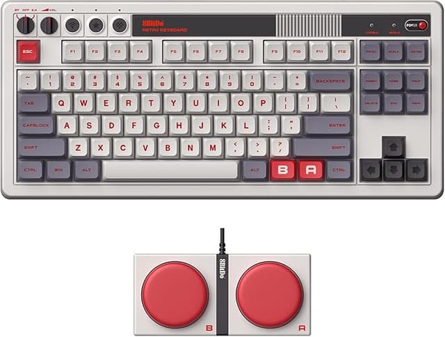 8Bitdo retro mechanical keyboard with 87 keys and dual super buttons—perfect for gamers who love old-school style with modern features.