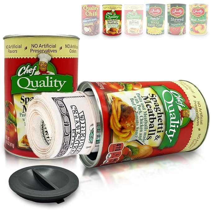 A realistic soup can diversion safe with a hidden compartment for cash or treasures, perfect for pranks or secret-keeping.