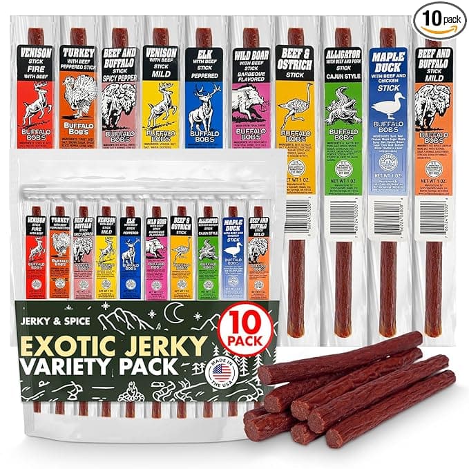 10-pack exotic jerky gift set with venison, elk, alligator, and buffalo sticks in assorted flavors and packaging