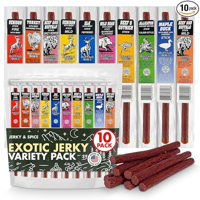 10-pack exotic jerky gift set with venison, elk, alligator, and buffalo sticks in assorted flavors and packaging