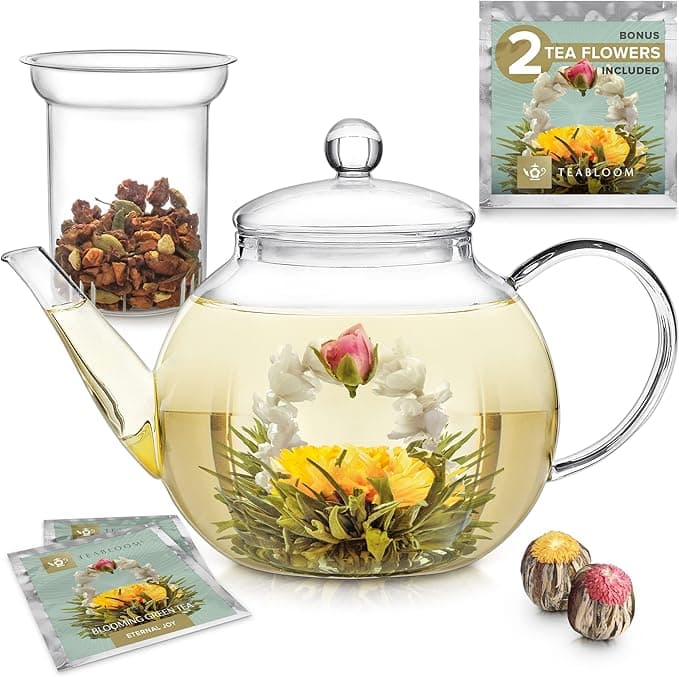 Elegant borosilicate glass teapot with blooming tea – stylish Mother's Day tea gift set.